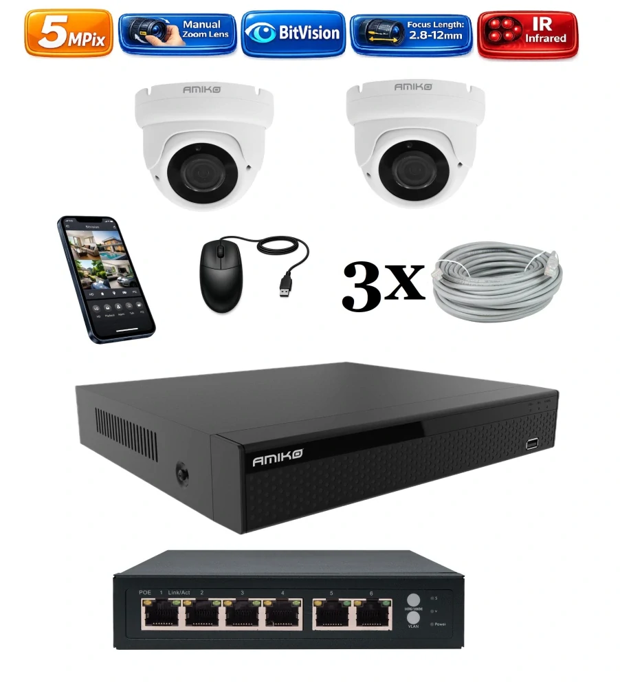 Amiko IP 2 kamerový set so switchom, Manual Zoom, 5Mpix, Dome (1505K2V2)