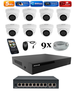 Amiko IP 8 kamerový set so switchom, Manual Zoom, 5Mpix, Dome (1505K8V2)