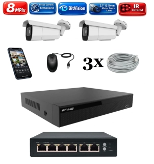 Amiko IP 2 kamerový set so switchom, Varifokal, 4K Ultra HD 8Mpix, Tube (1805K2V2)