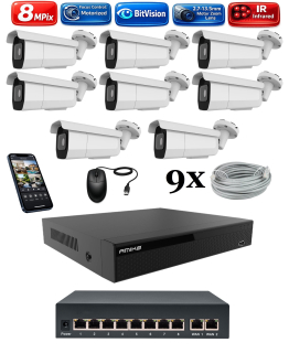Amiko IP 8 kamerový set so switchom, Varifokal, 4K Ultra HD 8Mpix, Tube (1805K8V2)